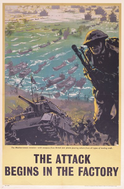 El Ataque Comienza en la Fábrica, cartel de la Segunda Guerra Mundial, 1943 de English School