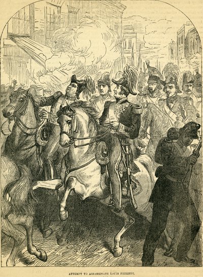 El Intento de Asesinato del Rey Luis Felipe de Francia, ilustración tomada de Cassells Illustrated History of England, 1857-1858 de English School
