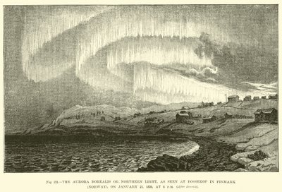 La aurora boreal o luz del norte, vista en Bossekop en Finmark (Noruega), el 21 de enero de 1839, a las 6 pm de English School
