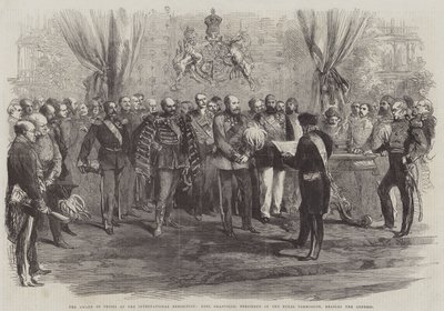 La entrega de premios en la Exposición Internacional, el conde Granville, presidente de la Comisión Real, leyendo el discurso de English School