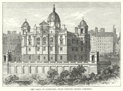 El Banco de Escocia, desde los Jardines de Princes Street (grabado) de English School