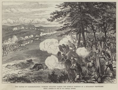La batalla de Karahassankoi, infantería turca tomando la posición rusa en un cementerio búlgaro (grabado) de English School
