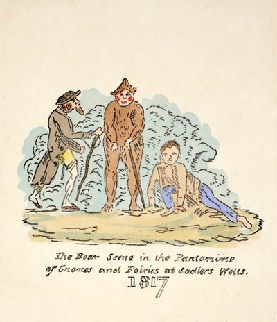 La escena del oso en la pantomima de gnomos y hadas en Sadler