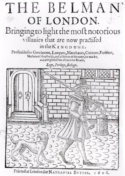 El pregonero de Londres, por Thomas Dekker, portada del libro, impreso por Nathaniel Butter, 1608 de English School