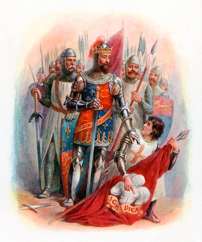 El Príncipe Negro encontrando la bandera del Rey de Bohemia en el campo de batalla de Crecy de English School