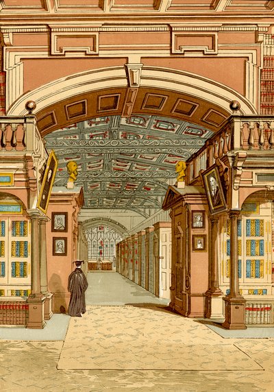 La biblioteca Bodleian, Oxford (grabado coloreado) de English School