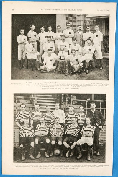 Los Bombay Gymkhanas y los London Caledonians, equipos de fútbol presentados en The Illustrated Sporting and Dramatic News, 21 de noviembre de 1891 de English School