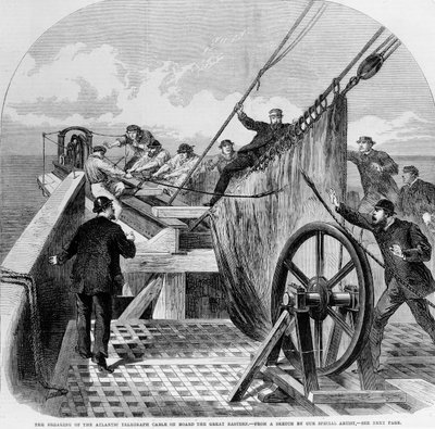 La ruptura del cable telegráfico atlántico a bordo del Great Eastern, 1865 (grabado) de English School