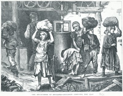 Las ladrilleras de Inglaterra, niños llevando el barro, 1871 de English School