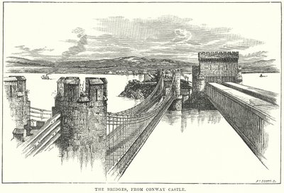 Los puentes, desde el castillo de Conway (grabado) de English School