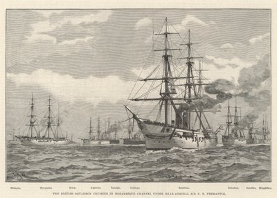 El escuadrón británico navegando en el canal de Mozambique bajo el mando del contralmirante Sir E R Fremantle (grabado) de English School
