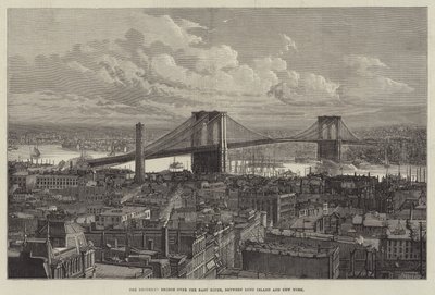 El puente de Brooklyn sobre el East River, entre Long Island y Nueva York (grabado) de English School