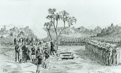 El entierro del General Earle y los Coroneles Eyre y Coveney en Kirbekan, de La Campaña de las Cataratas por el General William Francis Butler, publicado en 1887 de English School