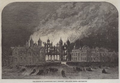 El Incendio de Capesthorne Hall, Cheshire, el Frente Sur (grabado) de English School