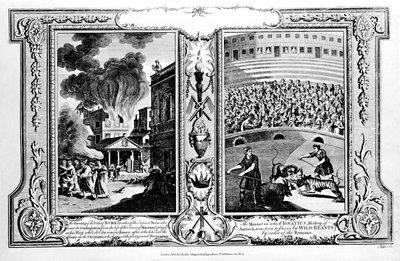El incendio de la ciudad de Roma y el obispo de Antioquía siendo asesinado por leones, de 