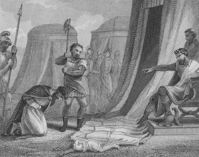 El emperador bizantino Mauricio a punto de ser ejecutado por el usurpador Focas, habiendo visto a sus cinco hijos asesinados frente a él, 602 de English School