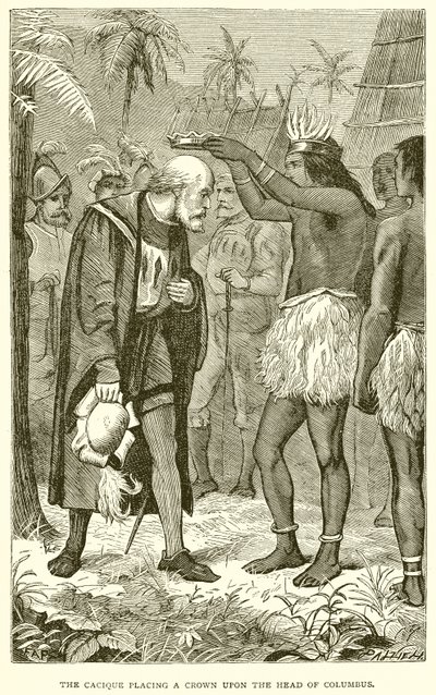 El cacique colocando una corona en la cabeza de Colón de English School