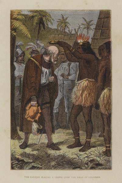 El cacique colocando una corona en la cabeza de Colón de English School