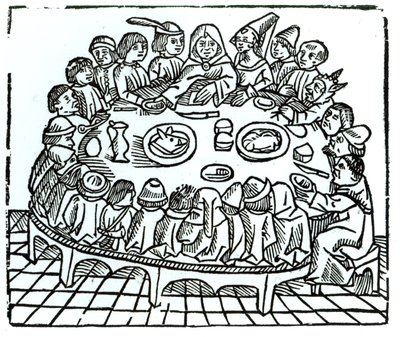 Los peregrinos de Canterbury sentados para una comida compartida, ilustración de 