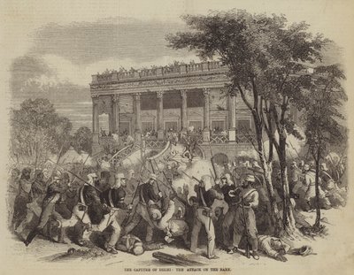La captura de Delhi, el ataque al banco (grabado) de English School