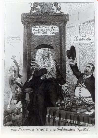El voto decisivo, o el orador independiente, caricatura satírica que muestra al entonces Primer Ministro, Henry Addington, 1805 de English School