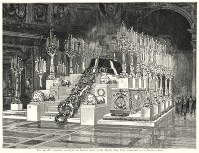 El catafalco erigido para el servicio fúnebre de Su Majestad el Rey Víctor Manuel, en el Panteón, Roma (grabado) de English School