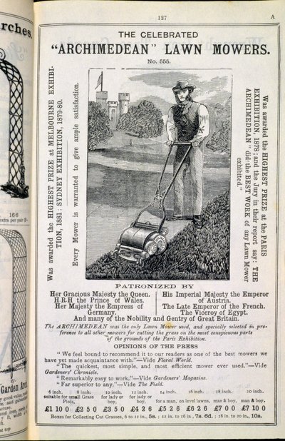 Las célebres cortadoras de césped arquimedianas, del Nuevo Catálogo Ilustrado de Implementos de Jardín, Muebles de Jardín y Requisitos, publicado por Wrinch & Sons, 1893 de English School