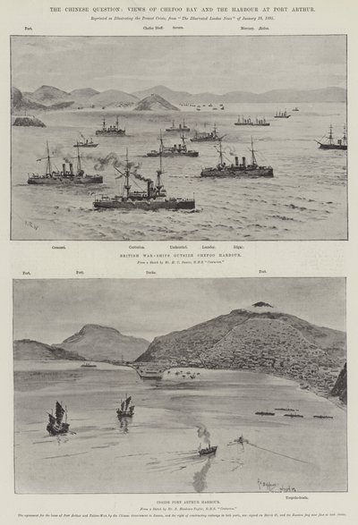 La cuestión china, vistas de la bahía de Chefoo y el puerto de Port Arthur de English School