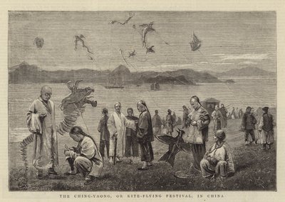 El Festival de Ching-Yaong, o Festival de Vuelo de Cometas, en China (grabado) de English School