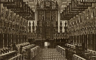 El coro, mirando al oeste, la capilla de San Jorge, Windsor (lito) de English School