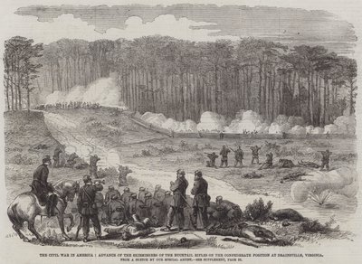 La Guerra Civil en América, Avance de los Tiradores de los Rifles Bucktail sobre la Posición Confederada en Drainsville, Virginia (grabado) de English School