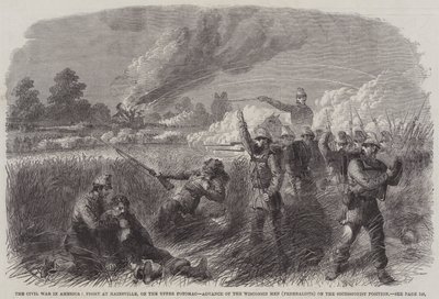 La Guerra Civil en América, Lucha en Hainsville, en el Alto Potomac, Avance de los hombres de Wisconsin (Federalistas) sobre la posición secesionista (grabado) de English School