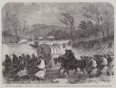 La guerra civil en América, intento fallido del ejército del Potomac de cruzar el Rappahannock el 20 de enero pasado (grabado) de English School