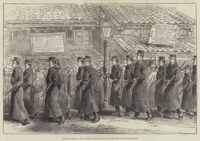 La guerra civil en Japón, policía de Yedo yendo al frente de guerra en Satsuma (grabado) de English School