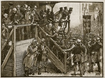 El concurso de Clare: Padre Murphy llevando a sus inquilinos a la votación, ilustración de Cassells Illustrated History of England de English School