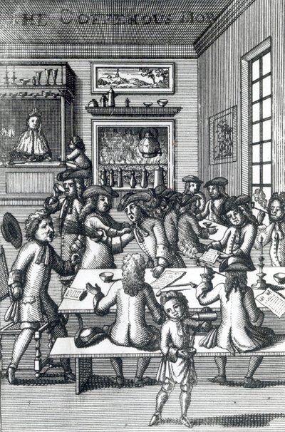 La turba de la cafetería, por Edward Ward, tomado de Vulgus Britannicus, 1710 de English School
