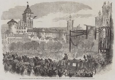 La Coronación del Rey y la Reina de Prusia, Entrada en Konigsberg, el Carruaje de la Reina en la Procesión (grabado) de English School