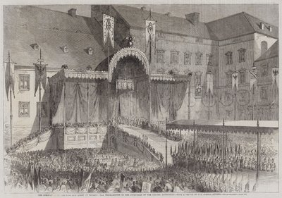 La Coronación del Rey y la Reina de Prusia, la Proclamación en el Patio del Schloss, Konigsberg (grabado) de English School