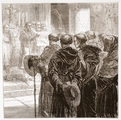 Los consejeros disolviendo la orden de los monjes agustinos en Zúrich, 1524, ilustración de La Historia del Protestantismo de James Aitken Wylie, pub. 1878 de English School
