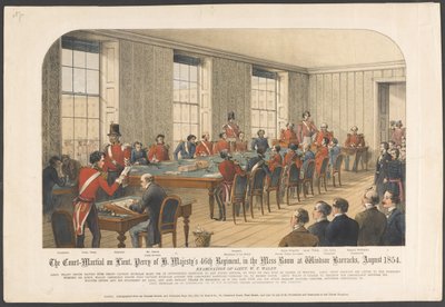 El consejo de guerra del teniente Perry del 46º Regimiento de Su Majestad, en la sala de oficiales del cuartel de Windsor, agosto de 1854 (litografía en color) de English School