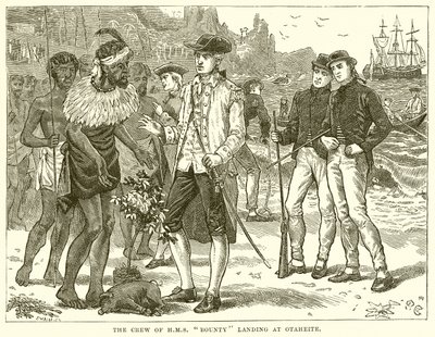 La tripulación del H.M.S. Bounty desembarcando en Otaheite de English School