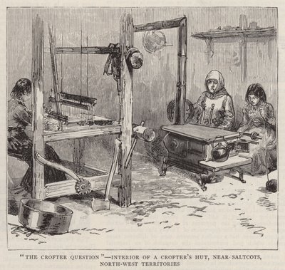 "La cuestión del crofter", interior de una cabaña de crofter, cerca de Saltcots, Territorios del Noroeste de English School