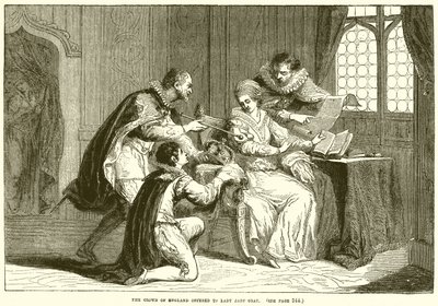 La corona de Inglaterra ofrecida a Lady Jane Gray de English School