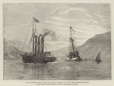 El buque cilindro Cleopatra saliendo de Ferrol remolcado por el remolcador Anglia (grabado) de English School