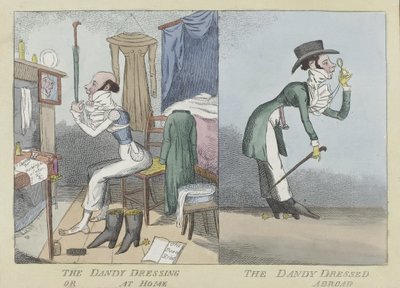 El dandy vistiéndose o en casa, el dandy vestido en el extranjero, pub.c.1820 de English School
