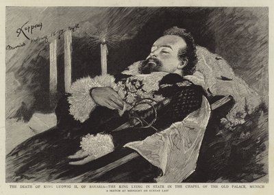 La Muerte del Rey Ludwig II de Baviera, el Rey Yaciendo en Estado en la Capilla del Palacio Viejo, Múnich (grabado) de English School