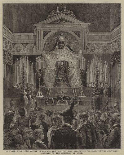 La muerte del rey Víctor Manuel, el cuerpo del rey yace en estado en la Capilla Ardente del Quirinal, en Roma de English School