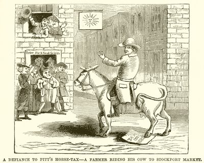 El desafío al impuesto sobre caballos de Pitt: un granjero montando su vaca al mercado de Stockport de English School