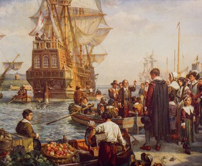 La partida de los Padres Peregrinos en 1620, ilustración de 