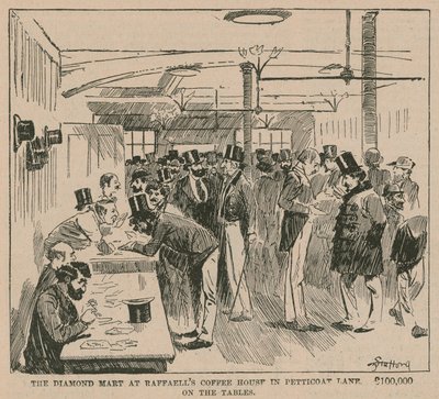 El mercado de diamantes en Raffaells Coffee House en Petticoat Lane de English School